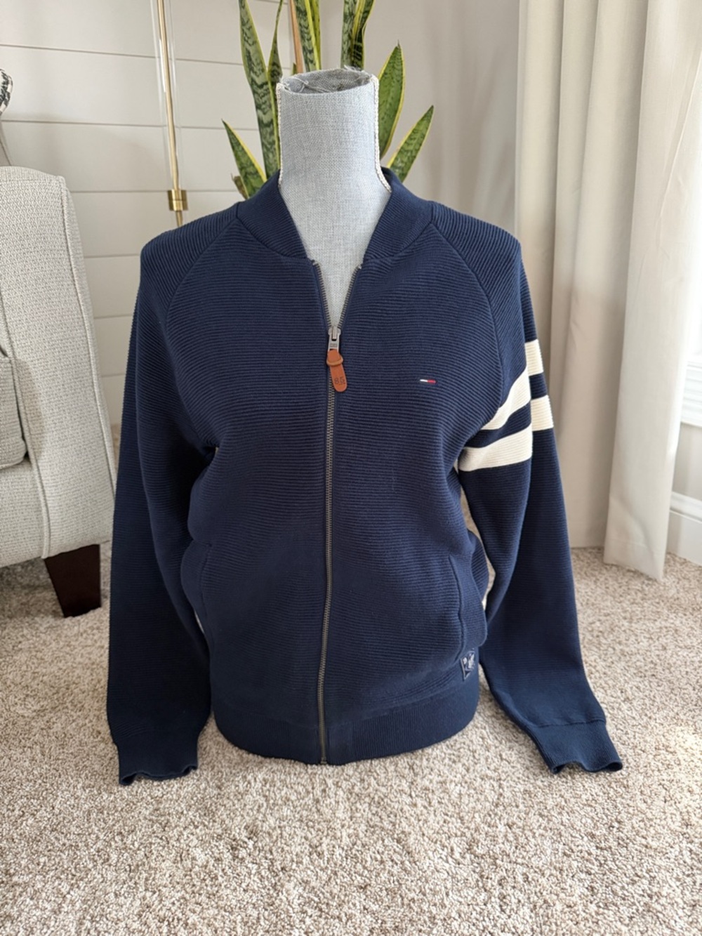 Tommy Hilfiger Navy Zip Front Bomber with Cream Stripe